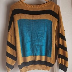 Vintage BYBLOS Mustard Black Teal Cotton Sweater With Egyptian Motif Sz 40 Italy